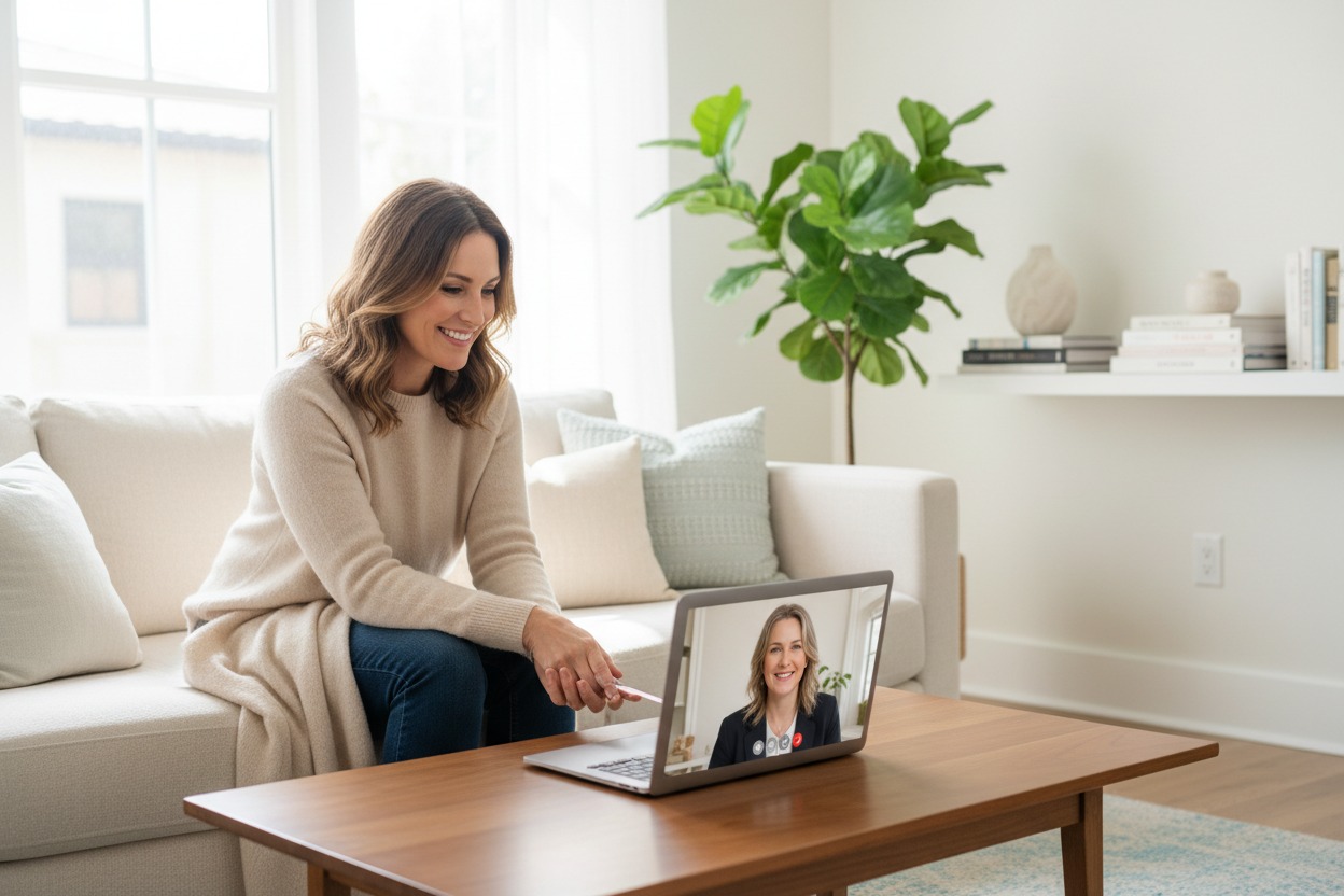 Een lachende vrouw zit op een bank in de woonkamer en voert een videogesprek op haar laptop.